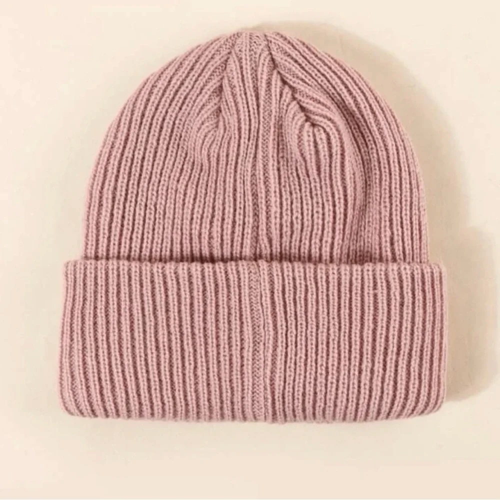 Ribbed Knit Beanie With Snap Button Detail, Dusty Pink